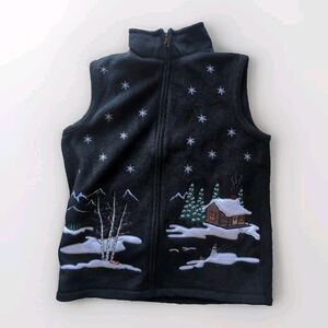 VINTAGE Baxter & Wells Vest Women's S Black Full Zip Winter Scene Snowman Vest